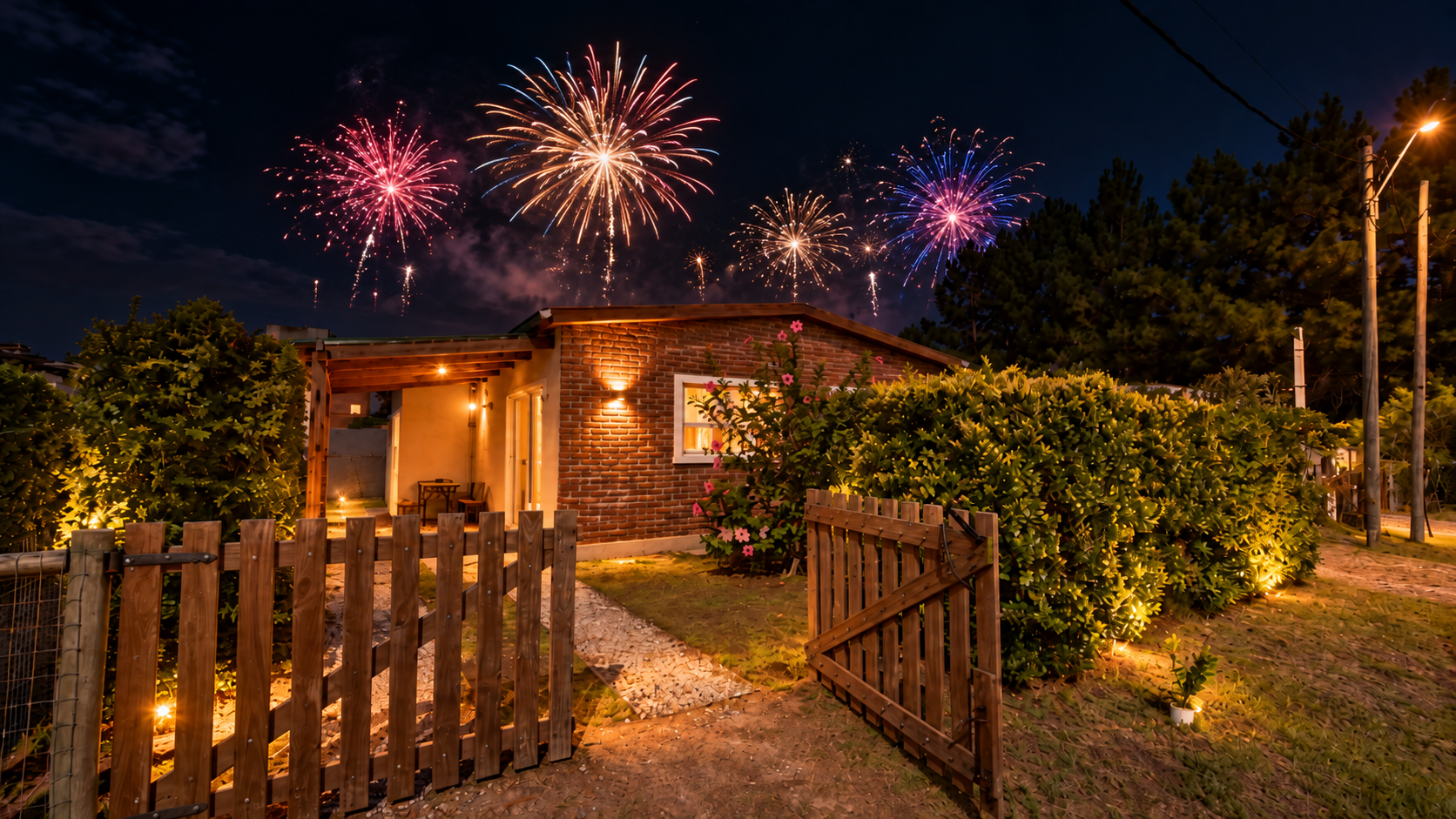 Cabaña del complejo de noche con fuegos artificiales en el cielo