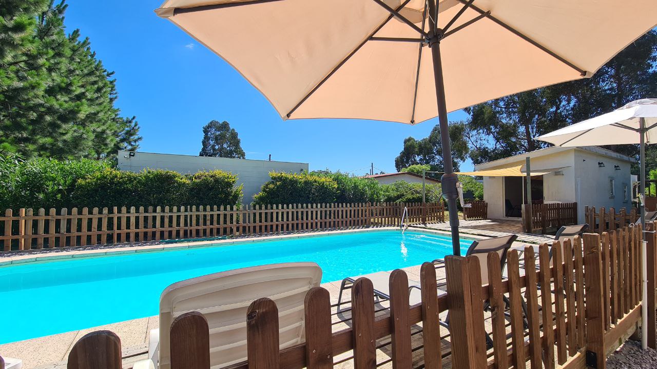 Piscina exterior con sombrillas junto al jardín